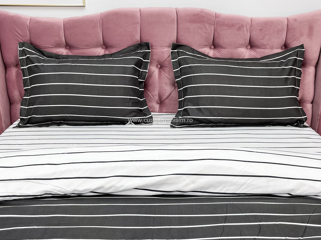 (OFERTA 3 la 199 Lei) Lenjerie pat dublu cu doua feţe, bumbac satinat, 4 piese,  Gri, dungi - 3 | YEO