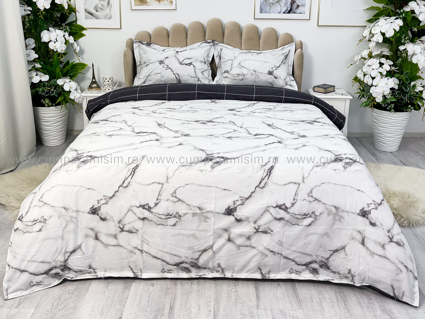 (OFERTA 3 la 199 Lei) Lenjerie pat dublu cu doua feţe, bumbac satinat, 4 piese,  Gri, marmura - 1 | YEO