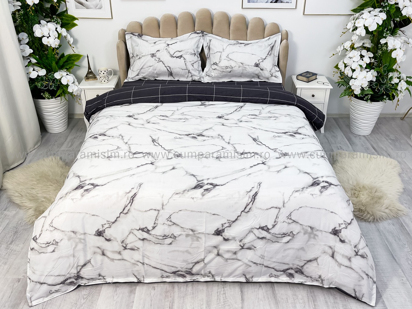 (OFERTA 3 la 199 Lei) Lenjerie pat dublu cu doua feţe, bumbac satinat, 4 piese,  Gri, marmura - 2 | YEO