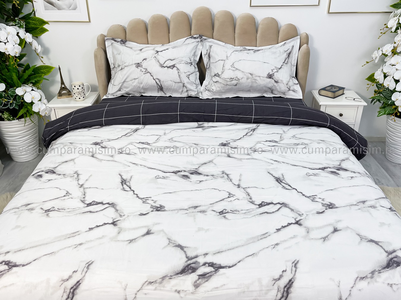 (OFERTA 3 la 199 Lei) Lenjerie pat dublu cu doua feţe, bumbac satinat, 4 piese,  Gri, marmura - 3 | YEO