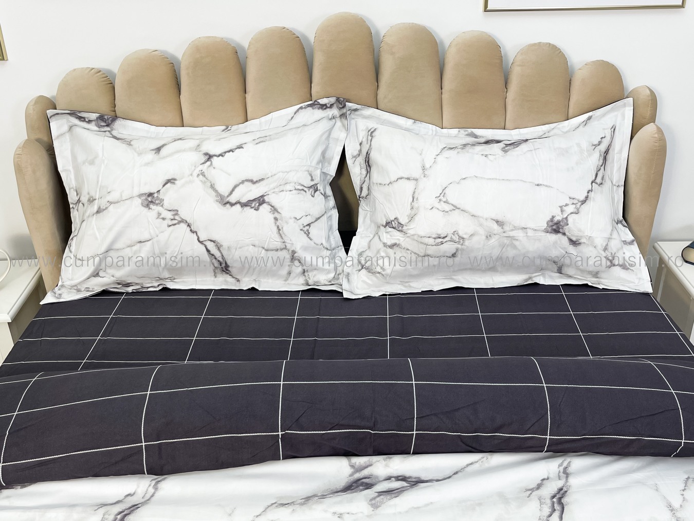 (OFERTA 3 la 199 Lei) Lenjerie pat dublu cu doua feţe, bumbac satinat, 4 piese,  Gri, marmura - 4 | YEO