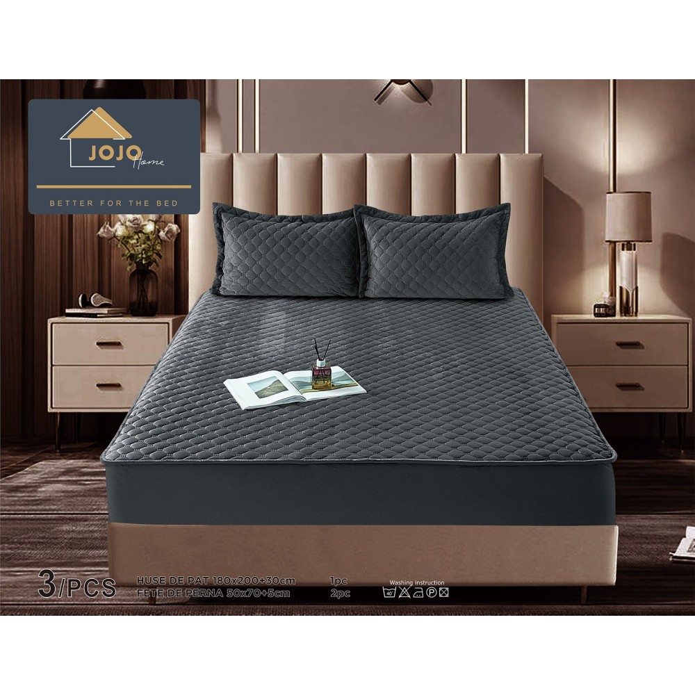 Husã matlasatã tip topper din catifea, 160x200cm + 2 fete de perna 50x70cm, antracit – imagine 2
