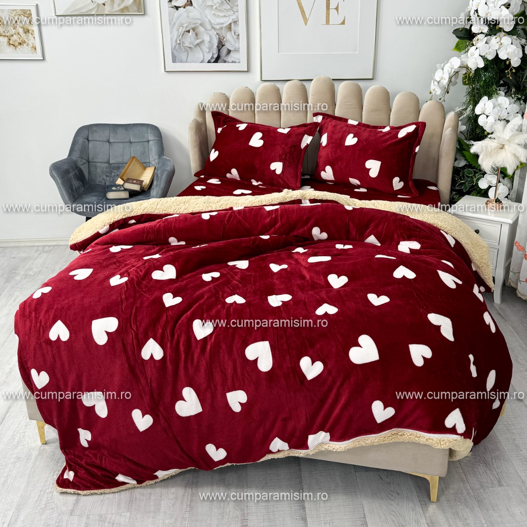 Lenjerie pat dublu, Super Pufoasa COCOLINO cu BLANITA, 4 piese, Rosu, inimioare - 3 | YEO