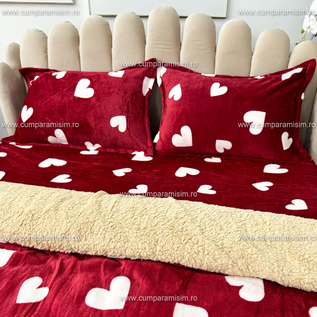 Lenjerie pat dublu, Super Pufoasa COCOLINO cu BLANITA, 4 piese, Rosu, inimioare - 4 | YEO