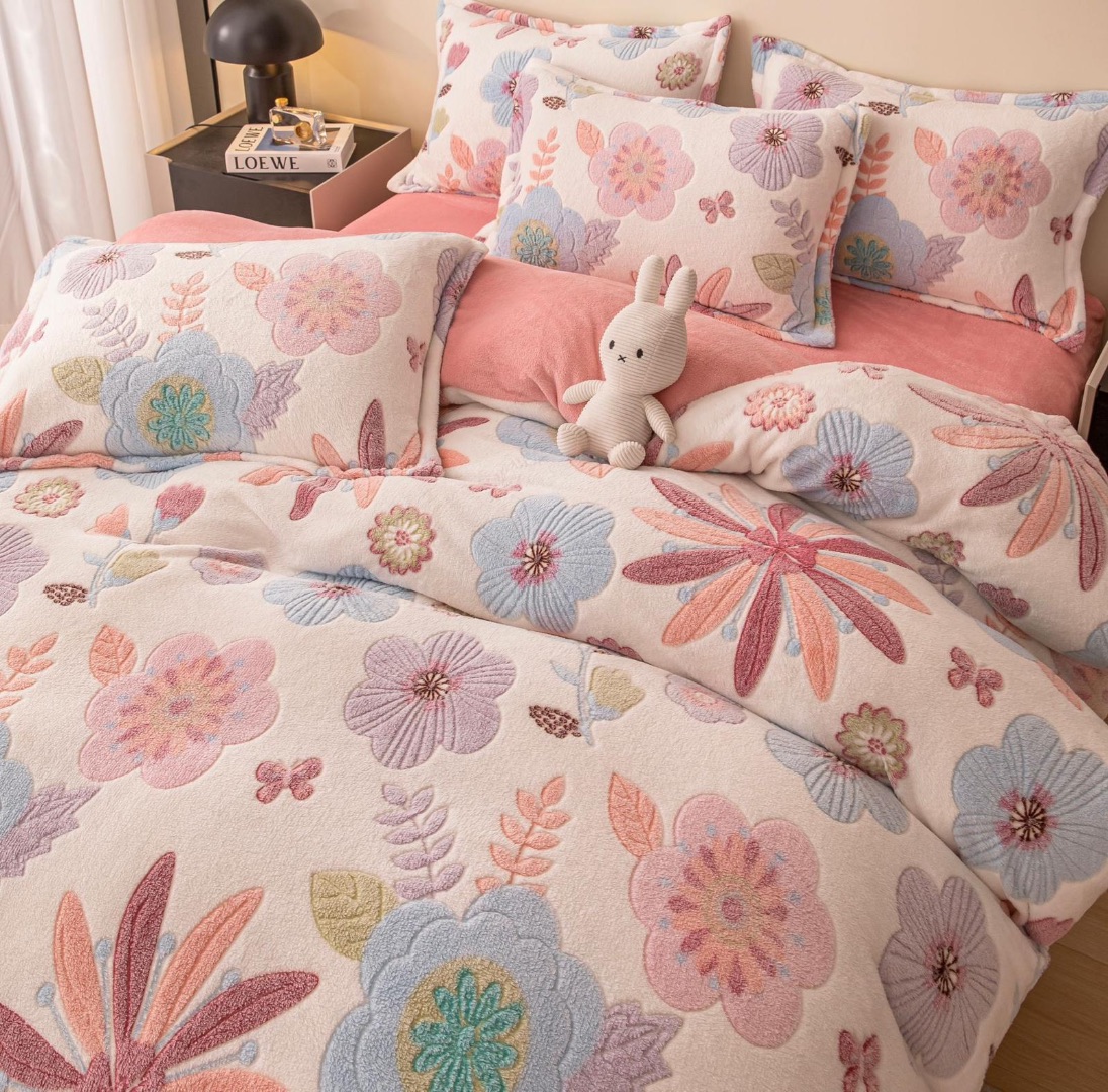 Lenjerie Pat 1 Persoana, Jojo Home, CoCoLiNo (Fleece), 4 piese, Alb, Roz, Flori - 1 | YEO