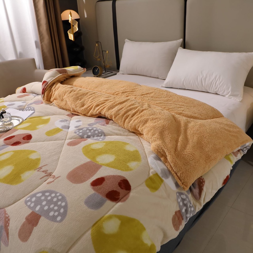 Pilota Cocolino cu Blanita Bej Ultra Pufoasa, Matlasata, 200x230 cm – Caldura Instanta si Confort de Lux pentru Nopti Reci, Crem, ciupercute - 3 | YEO