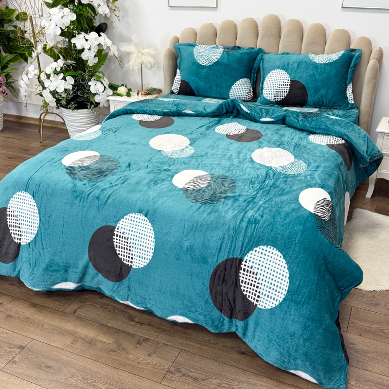 Lenjerie pat dublu, Super Pufoasa COCOLINO,cu ELASTIC, 4 piese, Turquoise, Buline - 4 | YEO