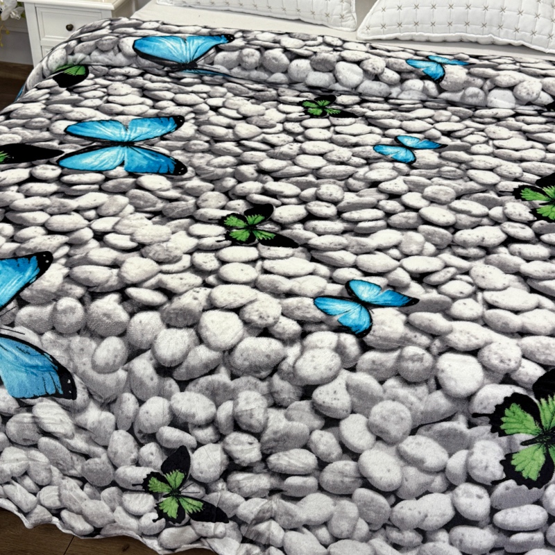 Patura pufoasa cocolino 200x230cm, 240g/mp, Gri, Fluturi Colorati pe Pietre - 3 | YEO