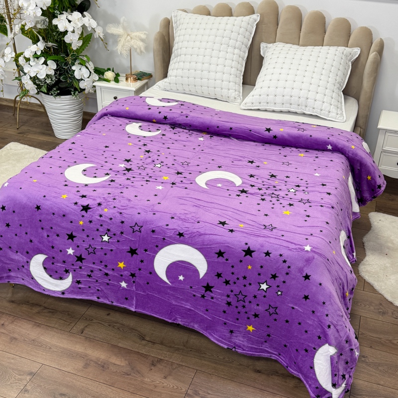 Patura pufoasa cocolino 200x230cm, 240g/mp, Lila, Stelute si Luna - 2 | YEO