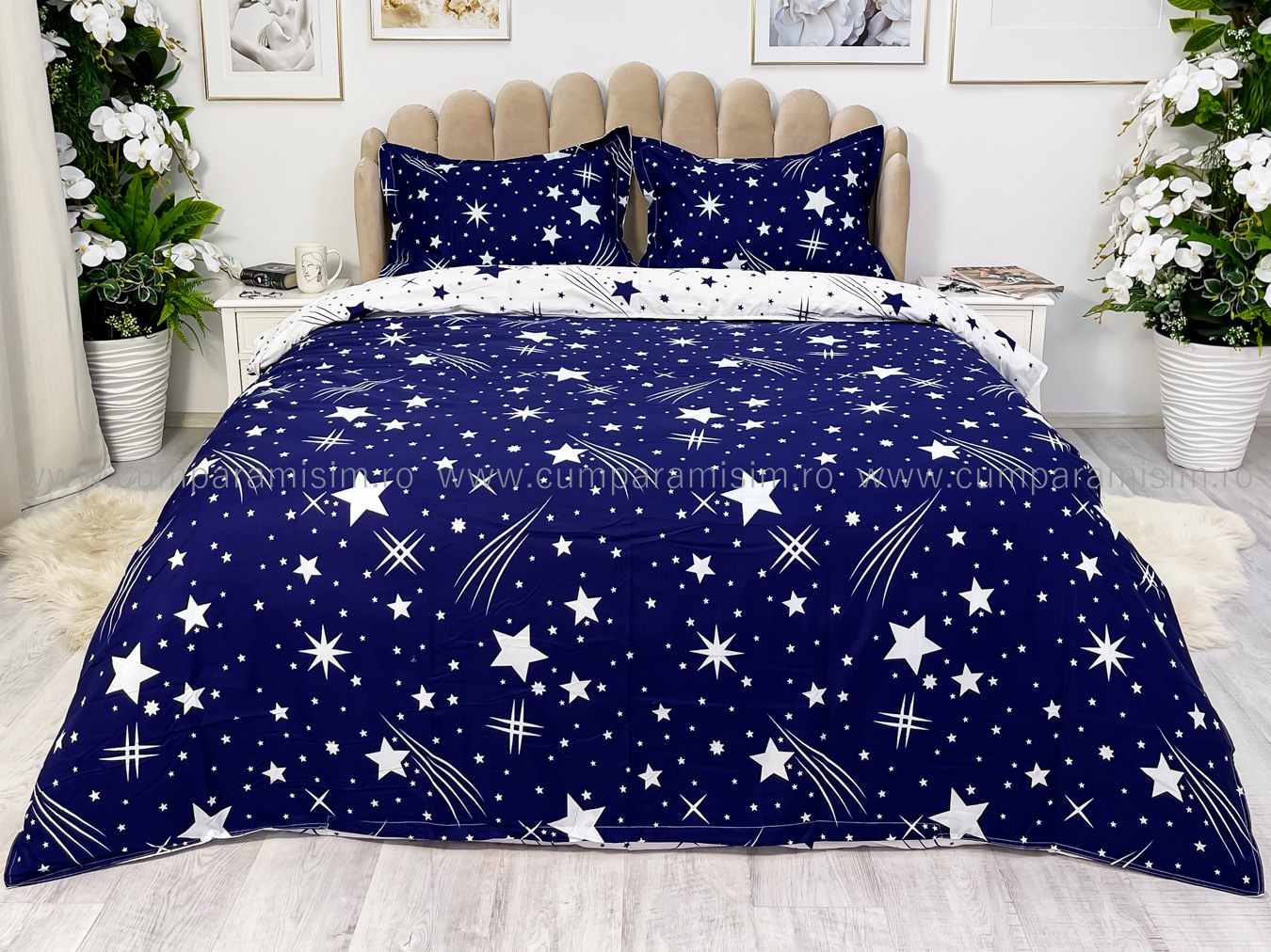 (OFERTA 3 la 199 Lei) Lenjerie pat dublu cu doua feţe, bumbac satinat, 4 piese,  Albastru, stelute - 1 | YEO