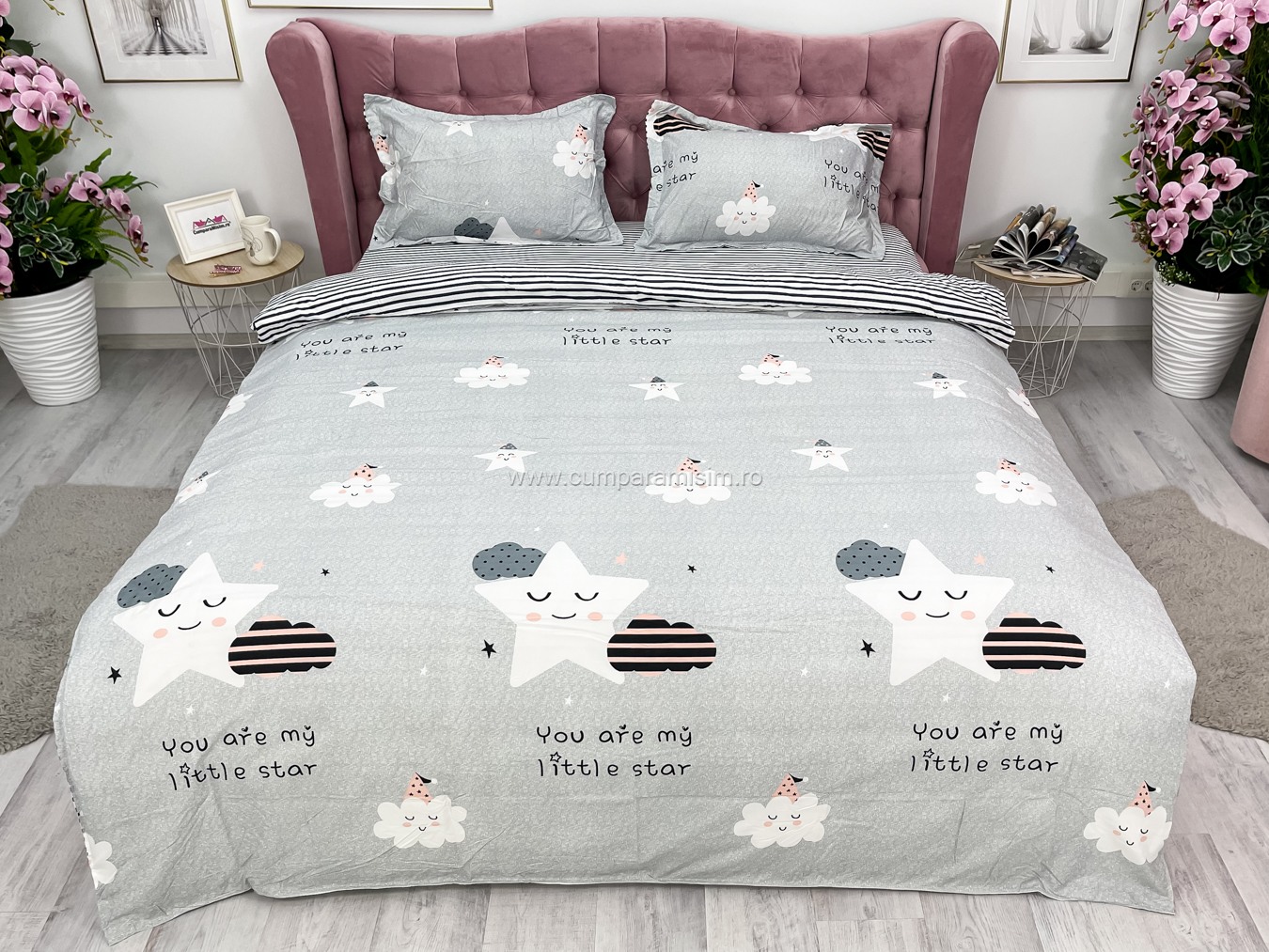 (OFERTA 3 la 199 Lei) Lenjerie pat dublu cu doua feţe, bumbac satinat, 4 piese,  Gri, stelute - 1 | YEO