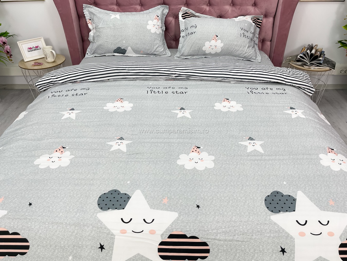 (OFERTA 3 la 199 Lei) Lenjerie pat dublu cu doua feţe, bumbac satinat, 4 piese,  Gri, stelute - 2 | YEO