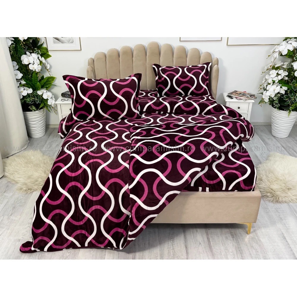 Lenjerie pentru Pat Dublu, Cocolino Premium, 4 Piese – Plusata, Groasa, si Calduroasa, Ideala pentru Iarna –  Confort Maxim, Antisifonare, Mov, Dungi - 1 | YEO
