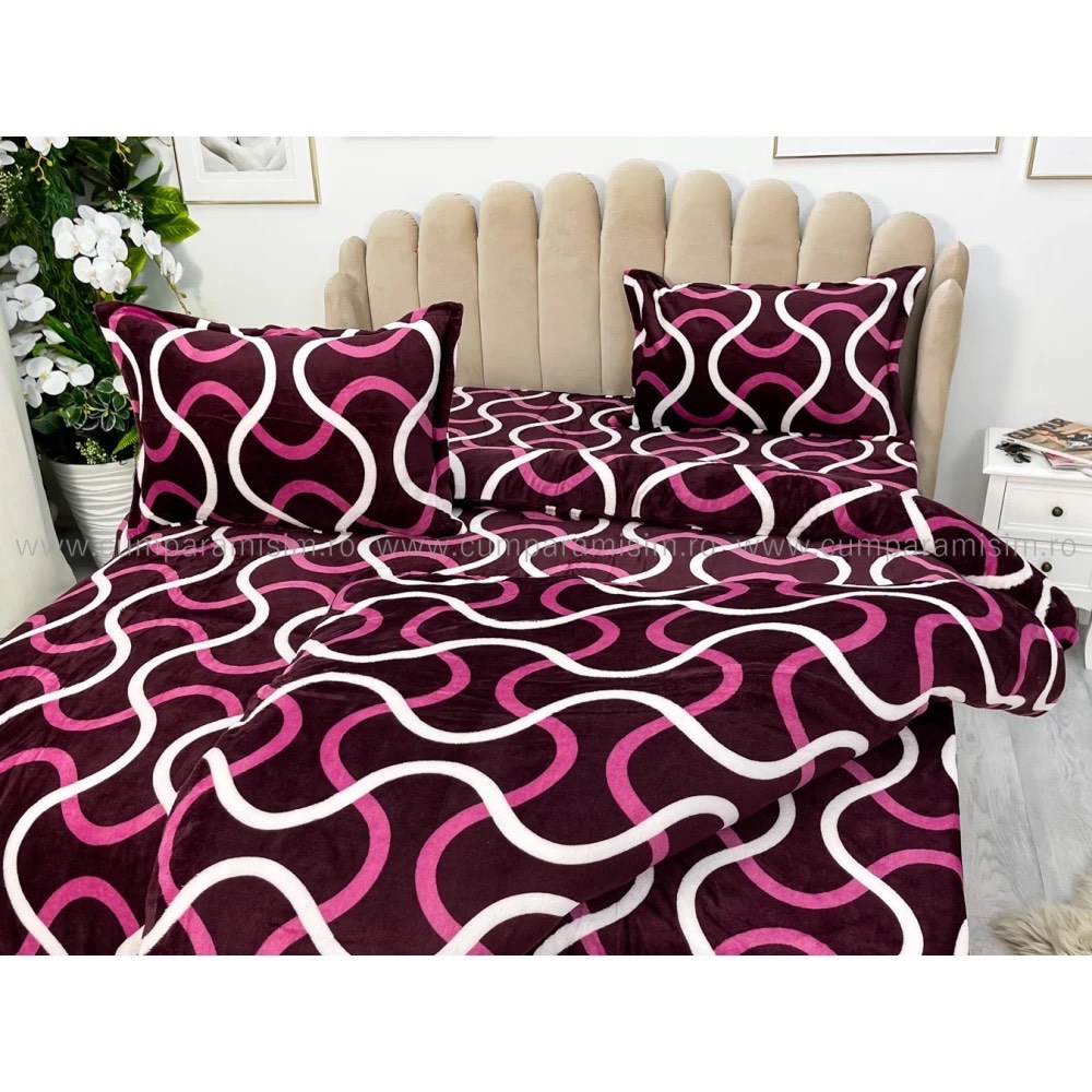 Lenjerie pentru Pat Dublu, Cocolino Premium, 4 Piese – Plusata, Groasa, si Calduroasa, Ideala pentru Iarna –  Confort Maxim, Antisifonare, Mov, Dungi - 2 | YEO
