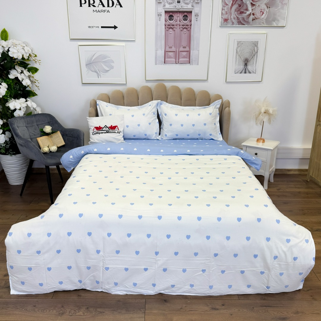 (OFERTA 3 la 219 Lei) Lenjerie pat dublu cu Elastic (160x200cm si 180x200cm), bumbac satinat, alb, bleu, inimioare - 1 | YEO