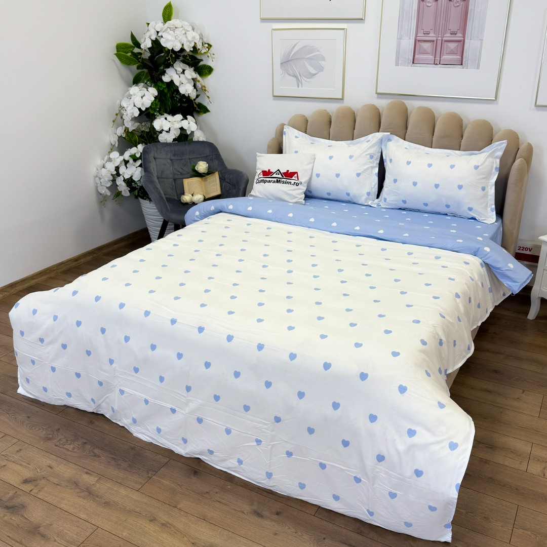(OFERTA 3 la 219 Lei) Lenjerie pat dublu cu Elastic (160x200cm si 180x200cm), bumbac satinat, alb, bleu, inimioare - 2 | YEO