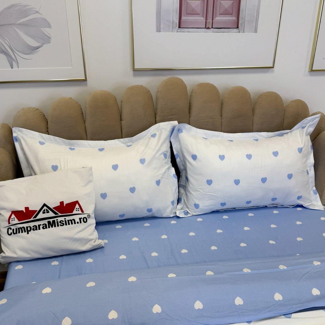 (OFERTA 3 la 219 Lei) Lenjerie pat dublu cu Elastic (160x200cm si 180x200cm), bumbac satinat, alb, bleu, inimioare - 3 | YEO
