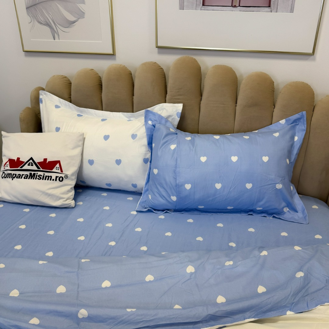 (OFERTA 3 la 219 Lei) Lenjerie pat dublu cu Elastic (160x200cm si 180x200cm), bumbac satinat, alb, bleu, inimioare - 4 | YEO