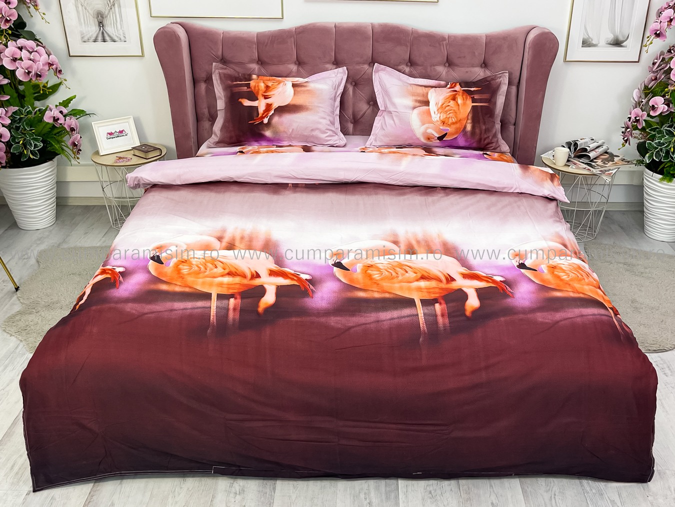 (OFERTA 3 la 199 Lei) Lenjerie pat dublu, 4 piese, IMPRIMEU 3D Multiplicat, Microfibra, Somon, flamingo - 1 | YEO