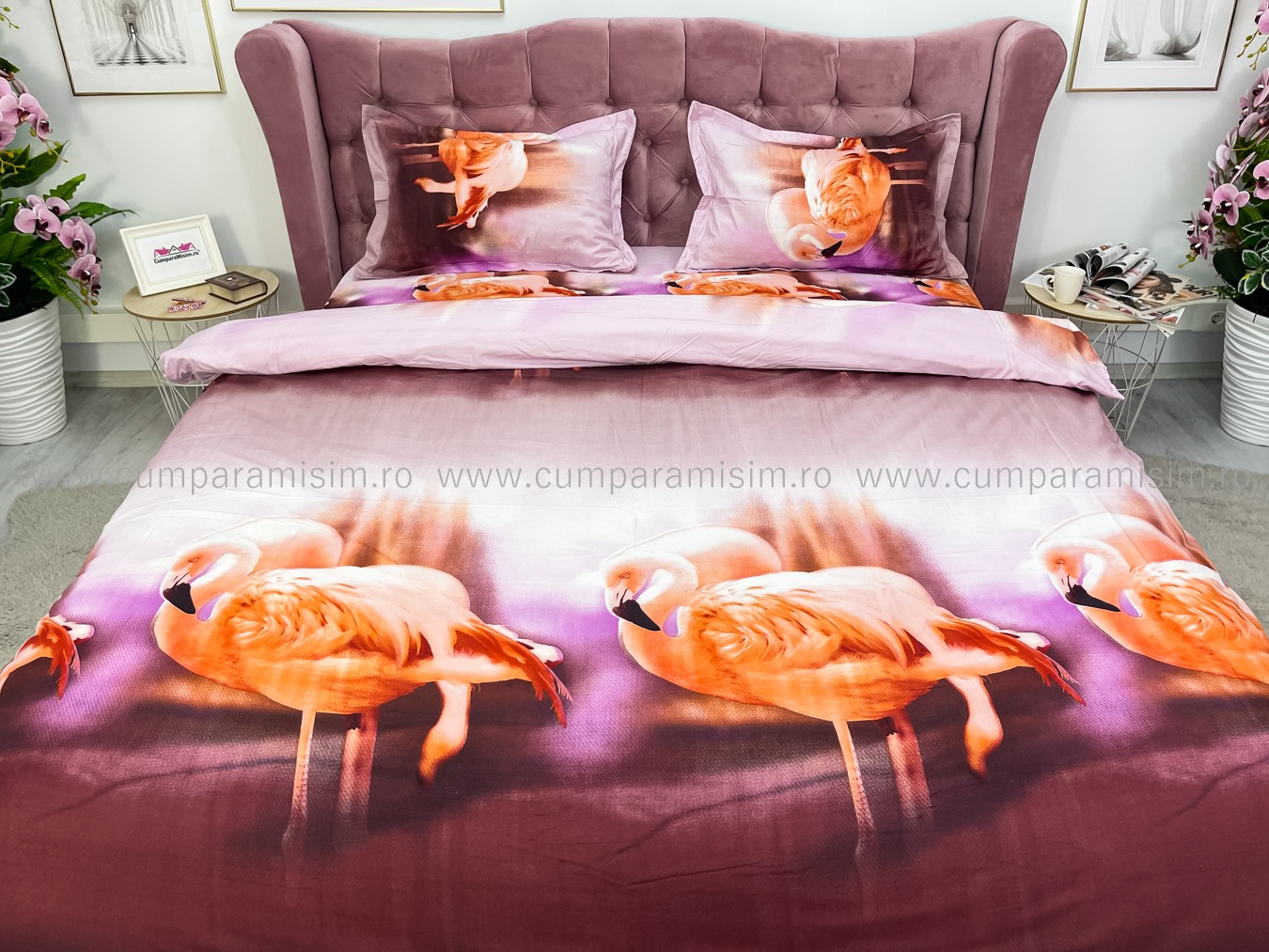 (OFERTA 3 la 199 Lei) Lenjerie pat dublu, 4 piese, IMPRIMEU 3D Multiplicat, Microfibra, Somon, flamingo - 2 | YEO