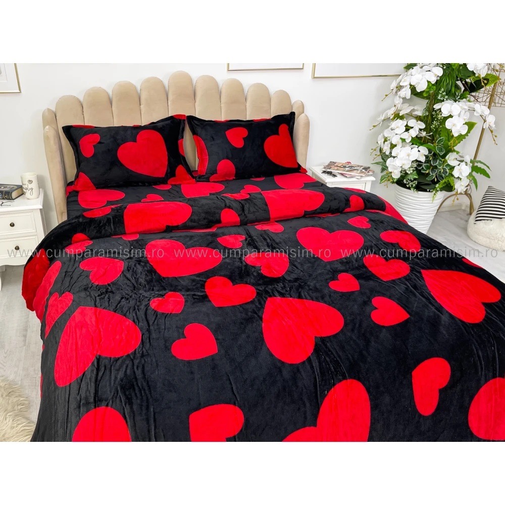 Lenjerie pat dublu, Super Pufoasa COCOLINO,cu ELASTIC, 4 piese, Negru, Inimioare - 1 | YEO