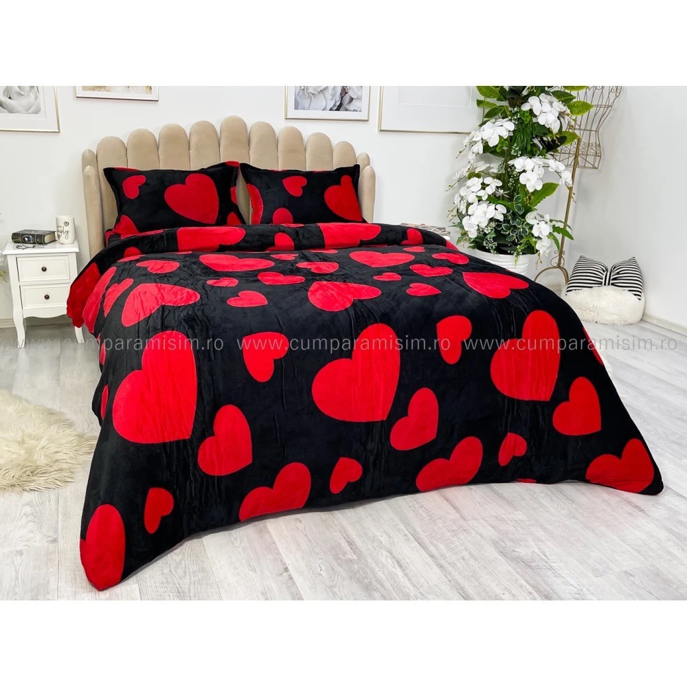 Lenjerie pat dublu, Super Pufoasa COCOLINO,cu ELASTIC, 4 piese, Negru, Inimioare - 2 | YEO