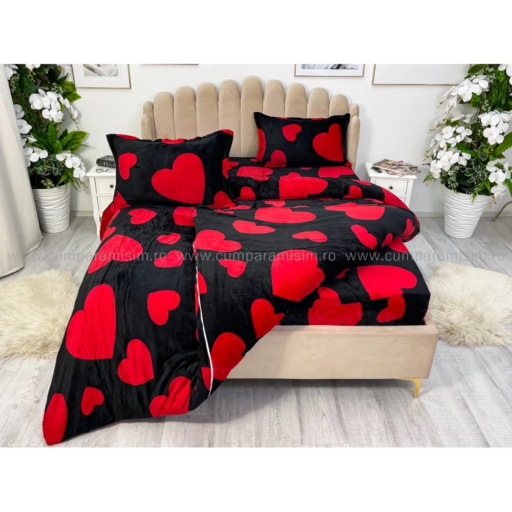 Lenjerie pat dublu, Super Pufoasa COCOLINO,cu ELASTIC, 4 piese, Negru, Inimioare - 3 | YEO