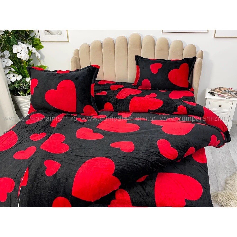 Lenjerie pat dublu, Super Pufoasa COCOLINO,cu ELASTIC, 4 piese, Negru, Inimioare - 4 | YEO