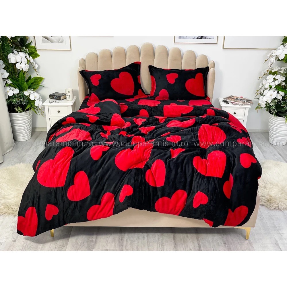 Lenjerie pat dublu, Super Pufoasa COCOLINO,cu ELASTIC, 4 piese, Negru, Inimioare - view 7