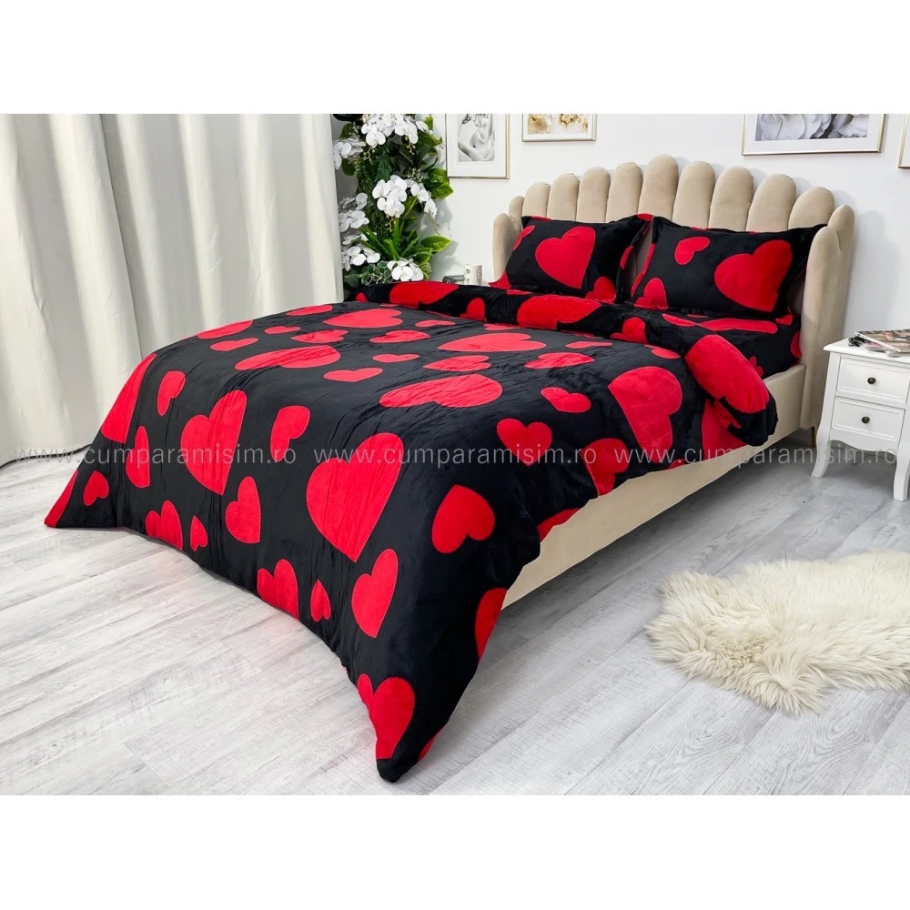 Lenjerie pat dublu, Super Pufoasa COCOLINO,cu ELASTIC, 4 piese, Negru, Inimioare - view 8