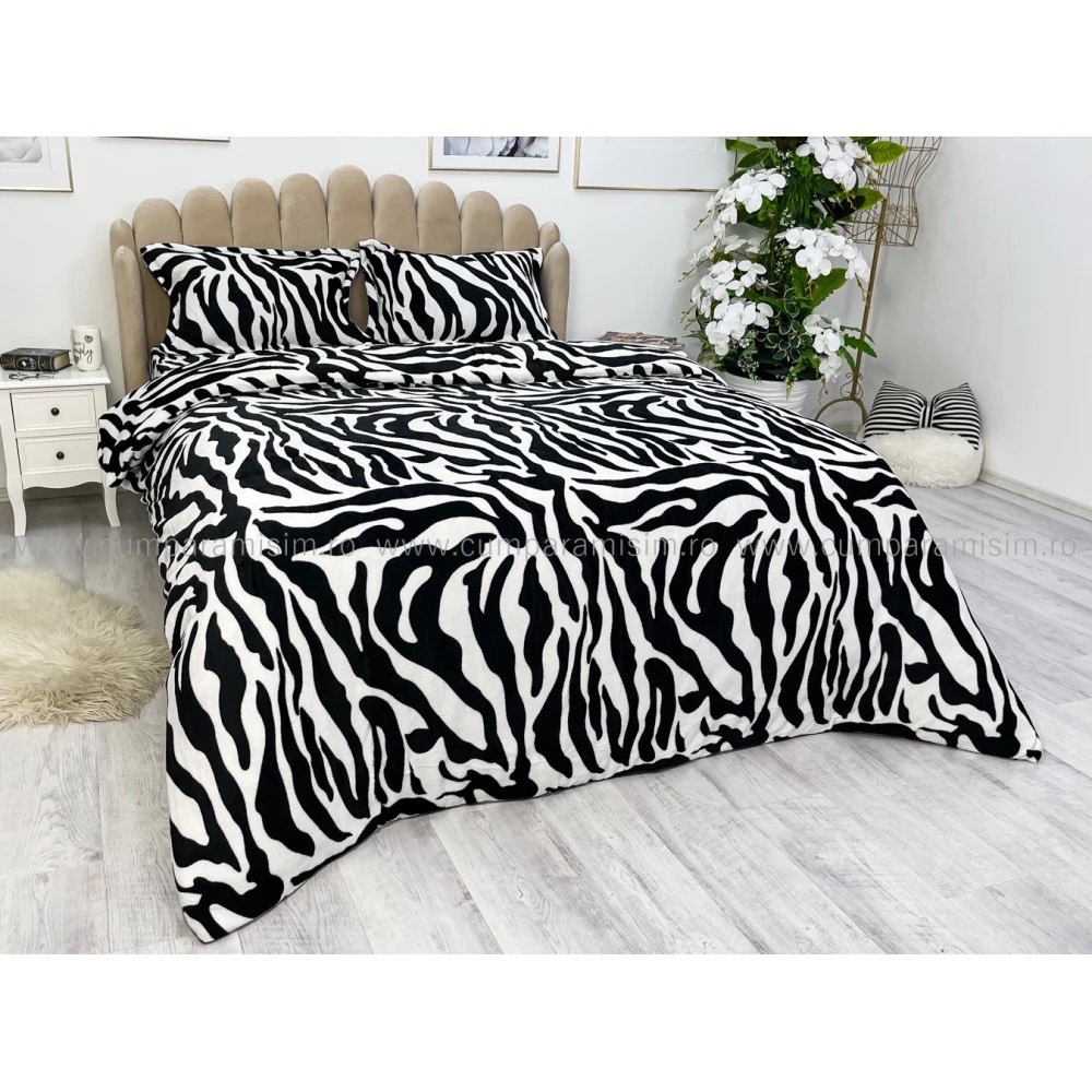 Lenjerie pat dublu, Super Pufoasa COCOLINO,cu ELASTIC, 4 piese, Alb, Negru, Zebra - 2 | YEO