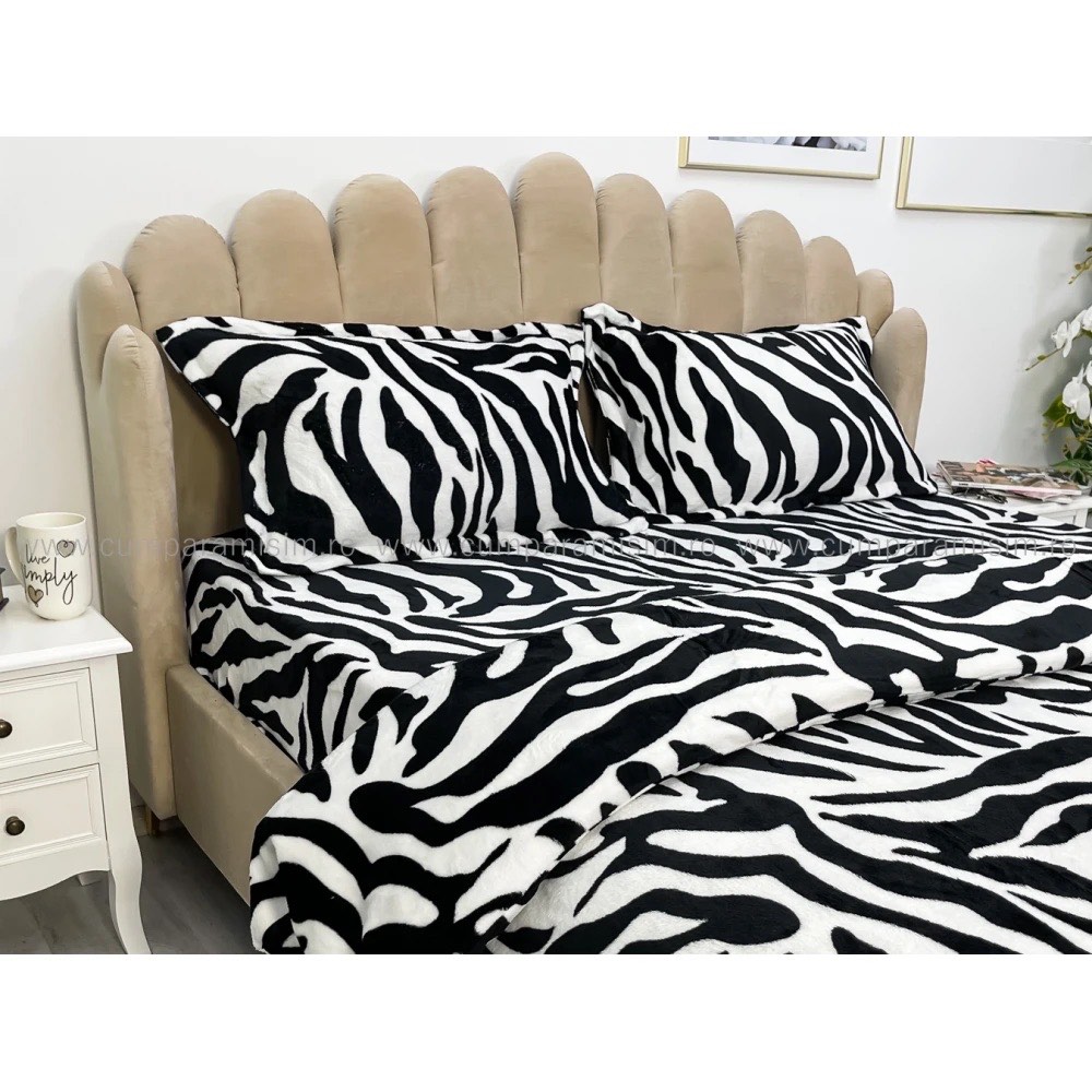 Lenjerie pat dublu, Super Pufoasa COCOLINO,cu ELASTIC, 4 piese, Alb, Negru, Zebra - 4 | YEO
