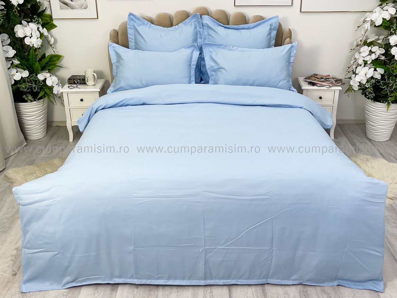 (OFERTA TRIO) Lenjerie pat dublu,  FINET, 6 piese, cu ELASTIC, Bleu - 1 | YEO
