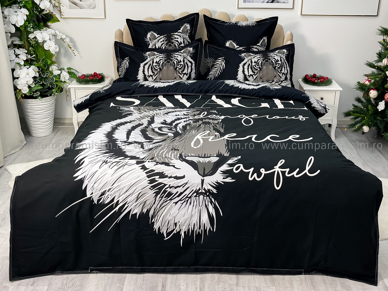 Lenjerie pat dublu,  FINET, Imprimeu Digital - Identic cu poza, 6 piese, Jojo Home, Negru-Gri, tigru - 1 | YEO