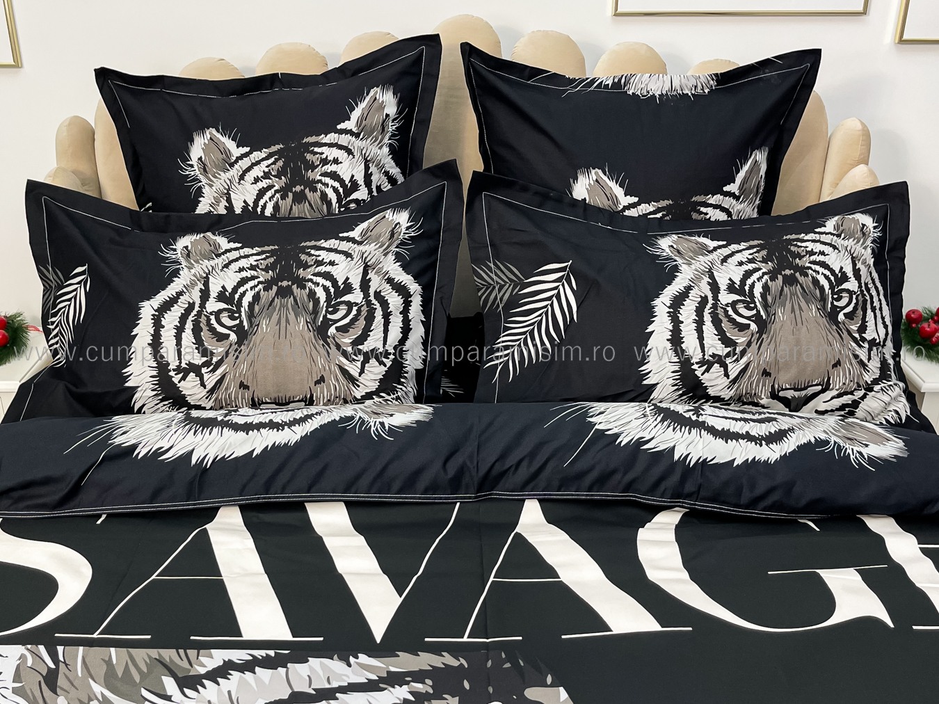 Lenjerie pat dublu,  FINET, Imprimeu Digital - Identic cu poza, 6 piese, Jojo Home, Negru-Gri, tigru - 3 | YEO