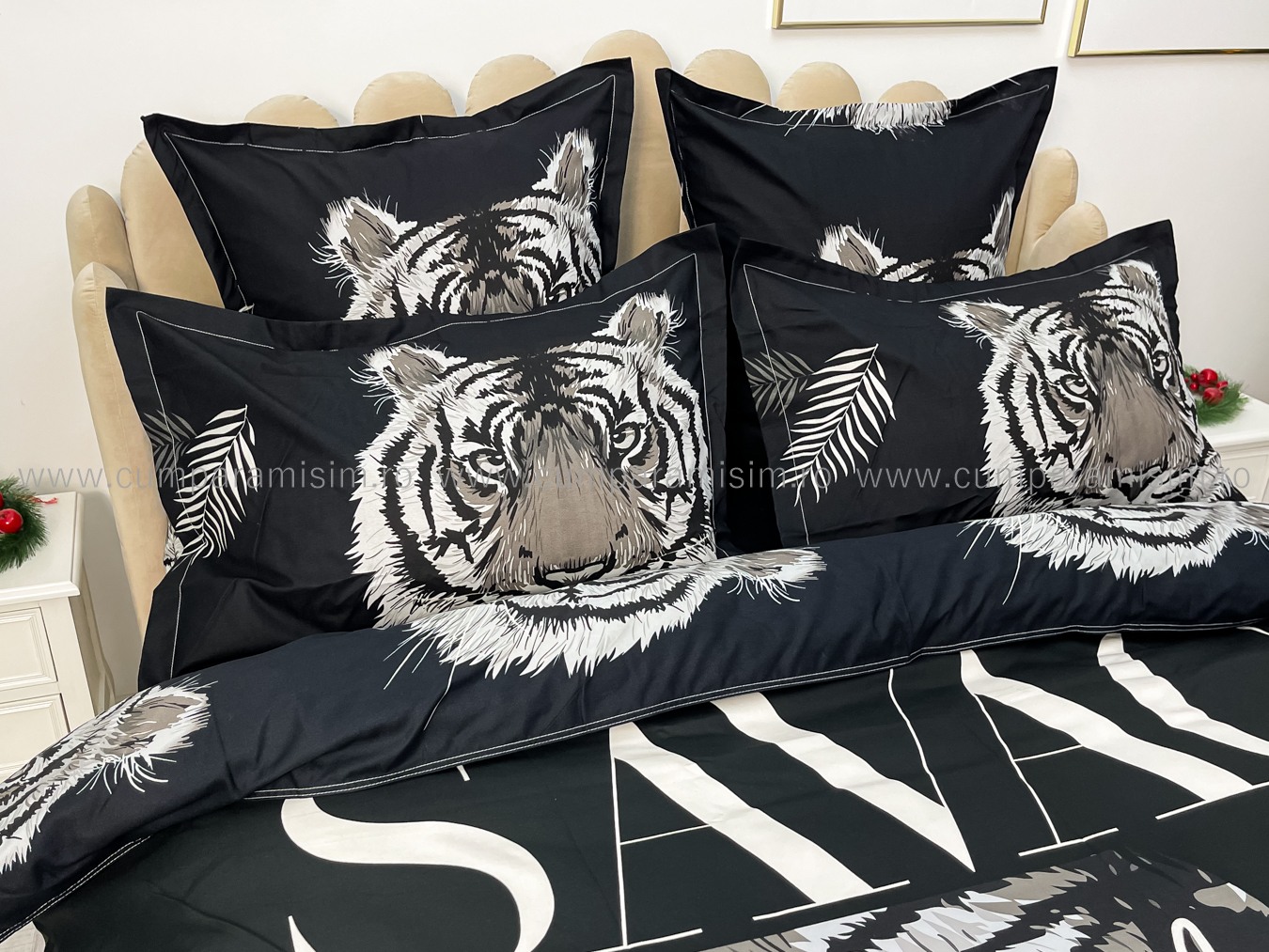 Lenjerie pat dublu,  FINET, Imprimeu Digital - Identic cu poza, 6 piese, Jojo Home, Negru-Gri, tigru - 4 | YEO