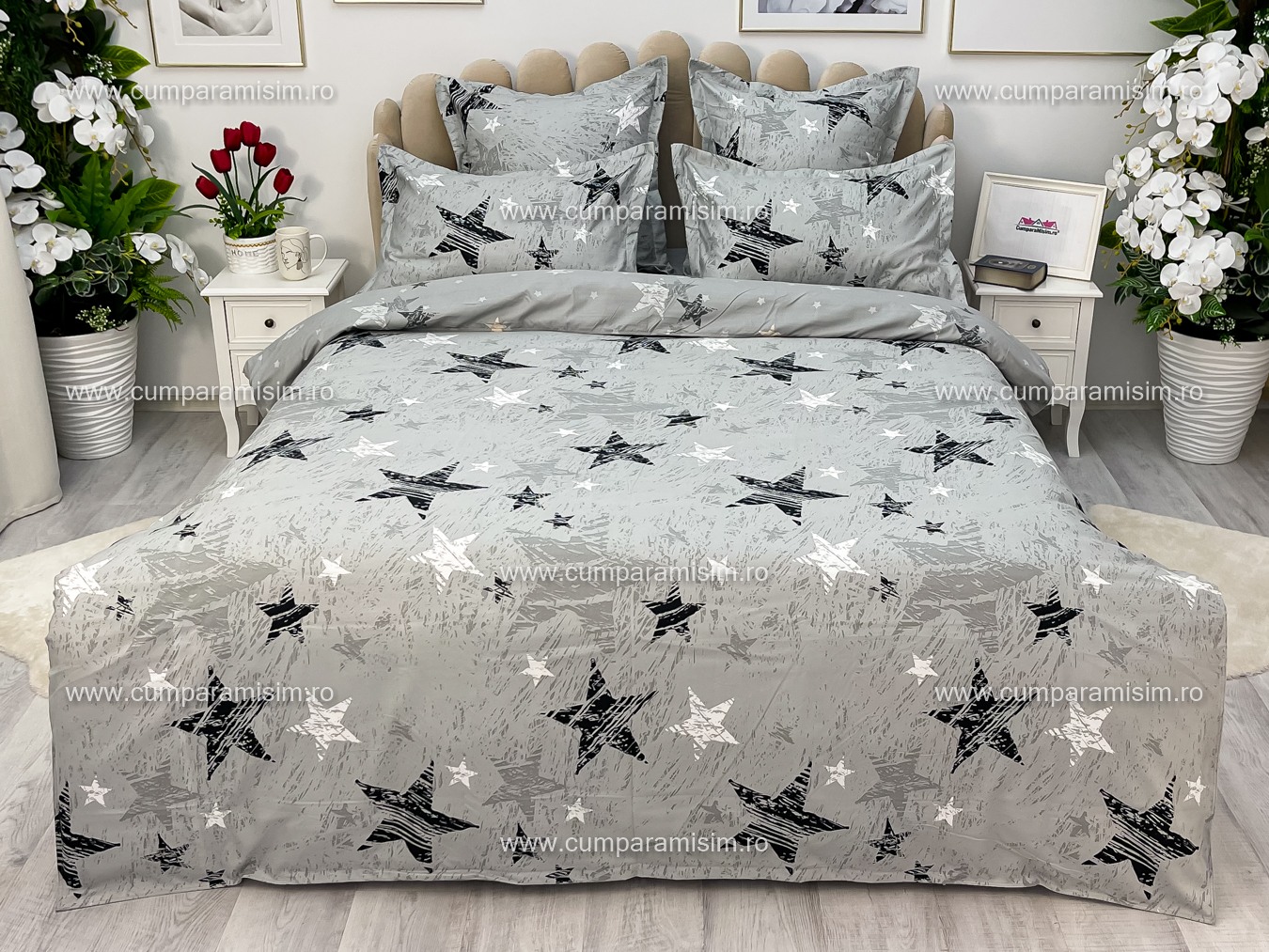 Lenjerie pat dublu,  FINET, 6 piese, cu ELASTIC, Jojo Home, Gri-Negru, stelute - 1 | YEO