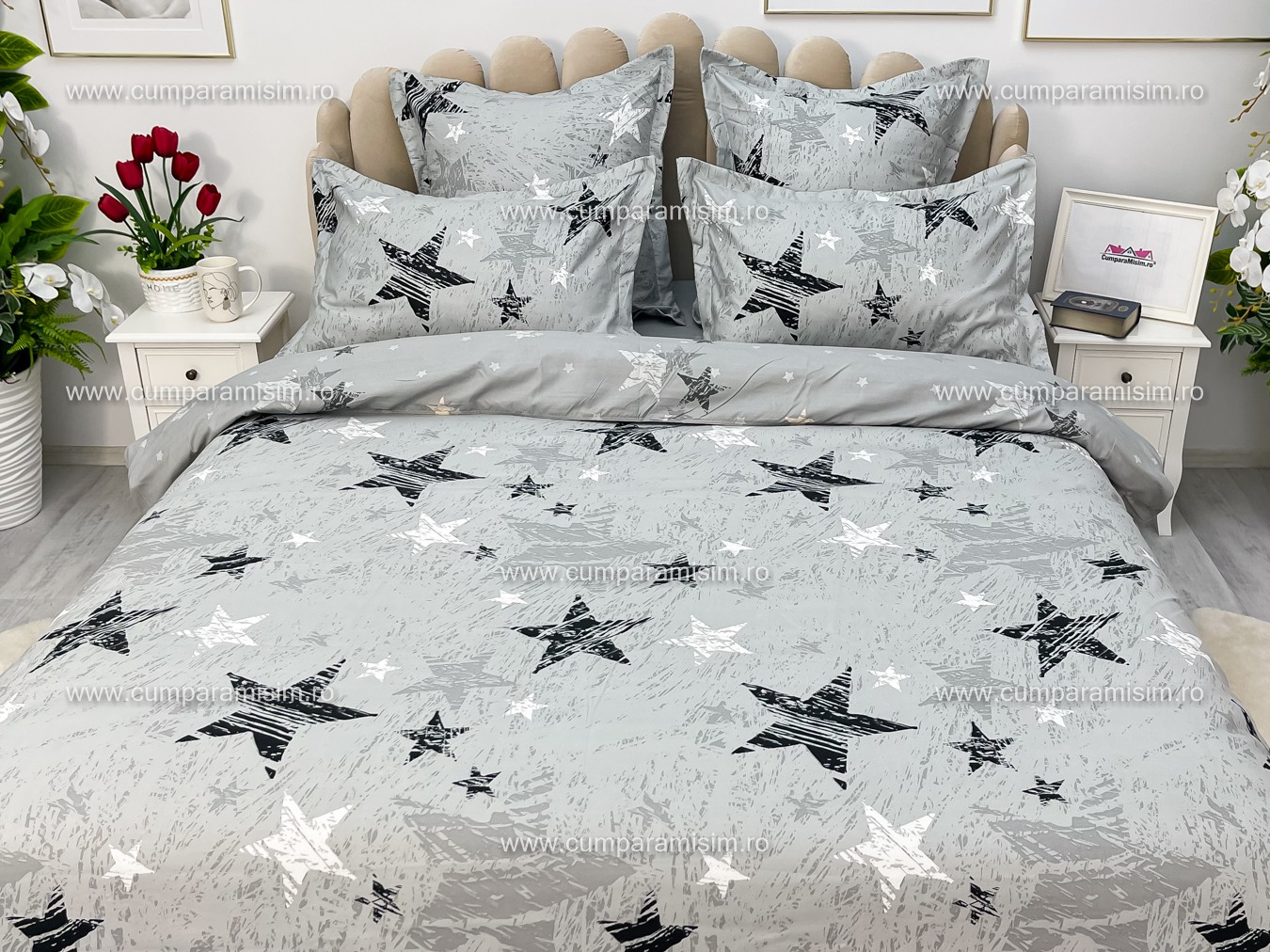 Lenjerie pat dublu,  FINET, 6 piese, cu ELASTIC, Jojo Home, Gri-Negru, stelute - 2 | YEO