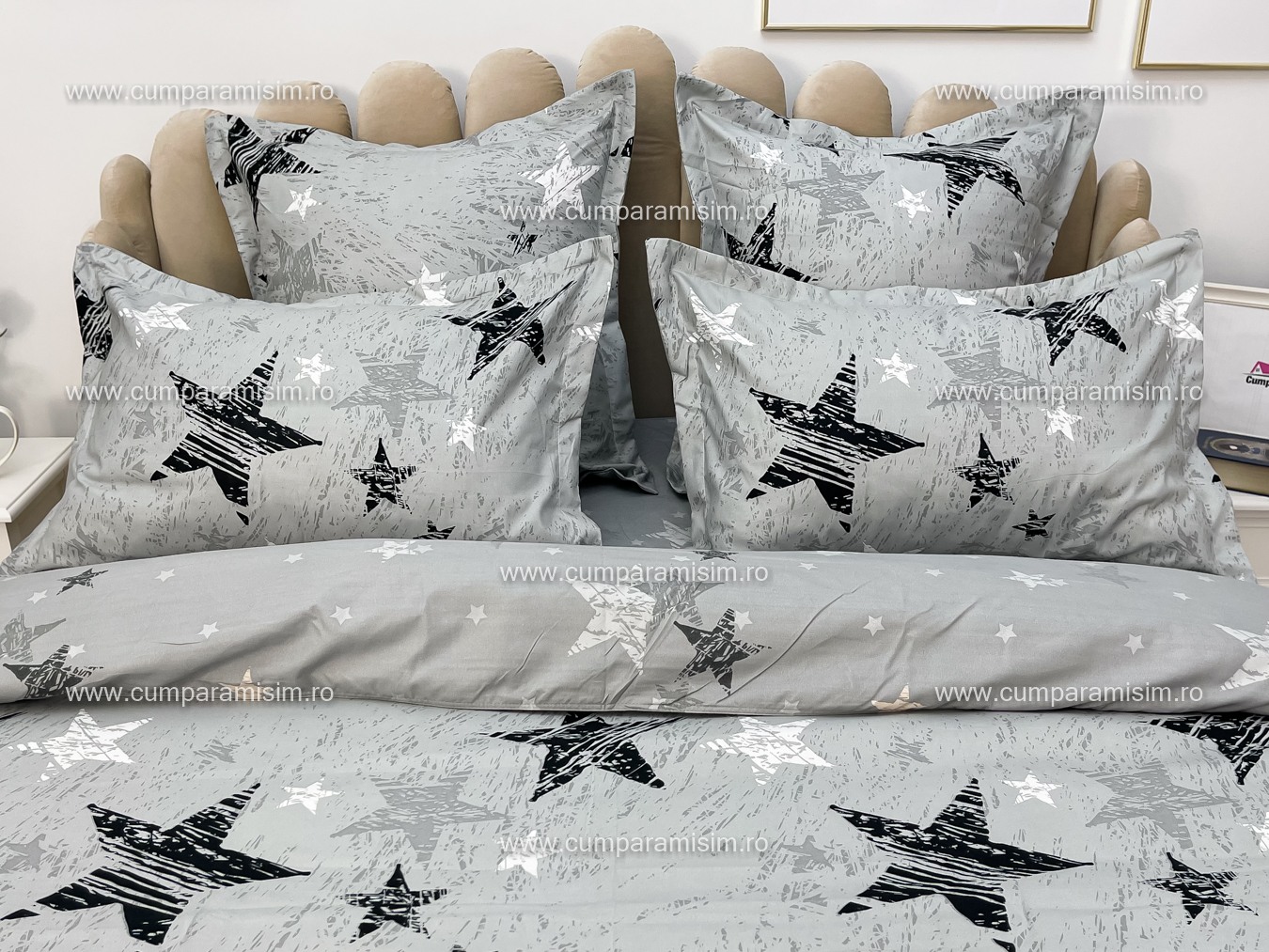 Lenjerie pat dublu,  FINET, 6 piese, cu ELASTIC, Jojo Home, Gri-Negru, stelute - 3 | YEO