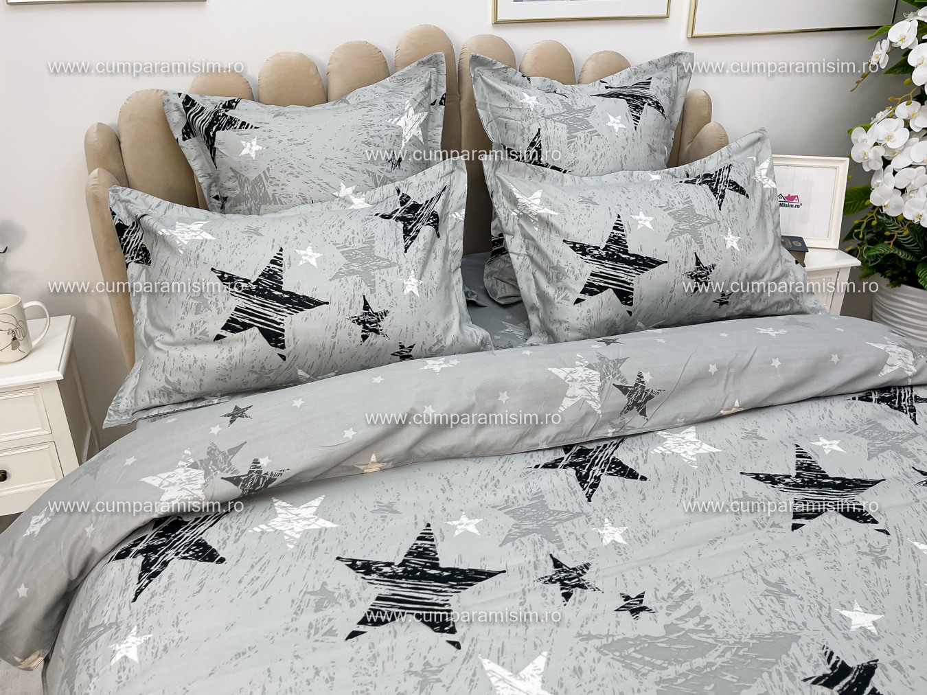 Lenjerie pat dublu,  FINET, 6 piese, cu ELASTIC, Jojo Home, Gri-Negru, stelute - 4 | YEO