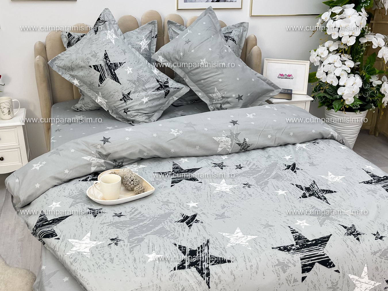 Poze Lenjerie pat dublu,  FINET, 6 piese, cu ELASTIC, Jojo Home, Gri-Negru, stelute cumparamisim.ro