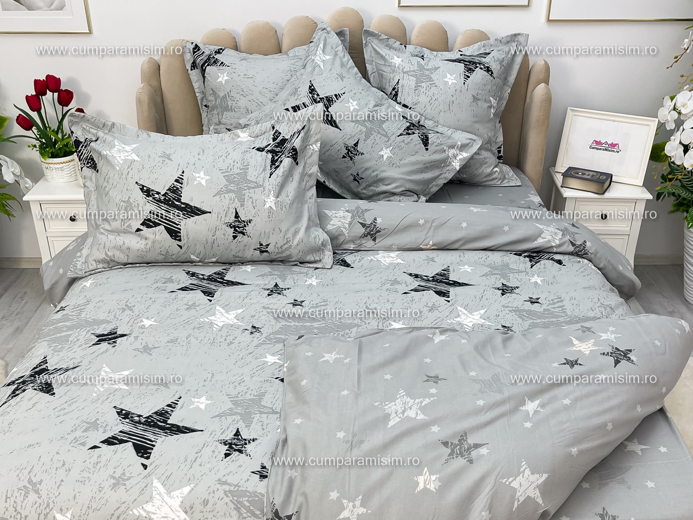 Poze Lenjerie pat dublu,  FINET, 6 piese, cu ELASTIC, Jojo Home, Gri-Negru, stelute cumparamisim.ro