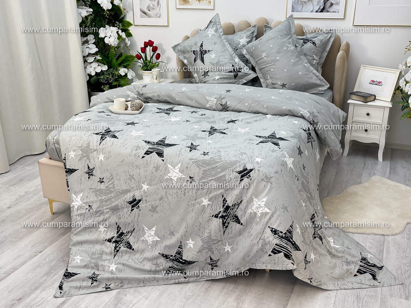 Poze Lenjerie pat dublu,  FINET, 6 piese, cu ELASTIC, Jojo Home, Gri-Negru, stelute cumparamisim.ro