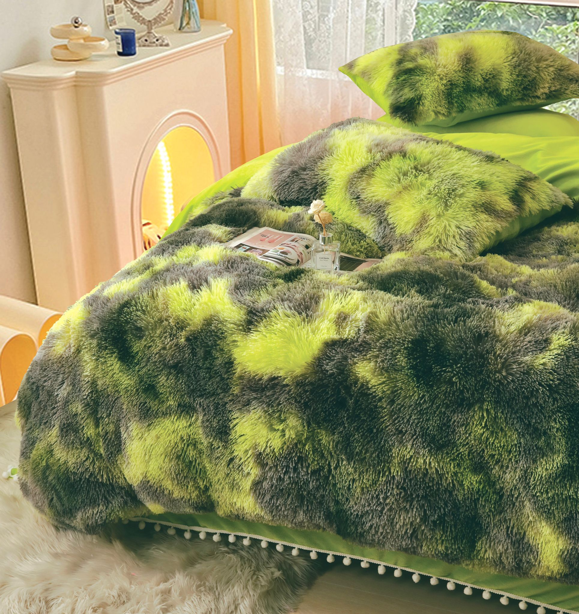 Lenjerie pat super pufoasa COCOLINO Fluffy cu ciucuri, 6 piese, Verde - Multicolor - 2 | YEO