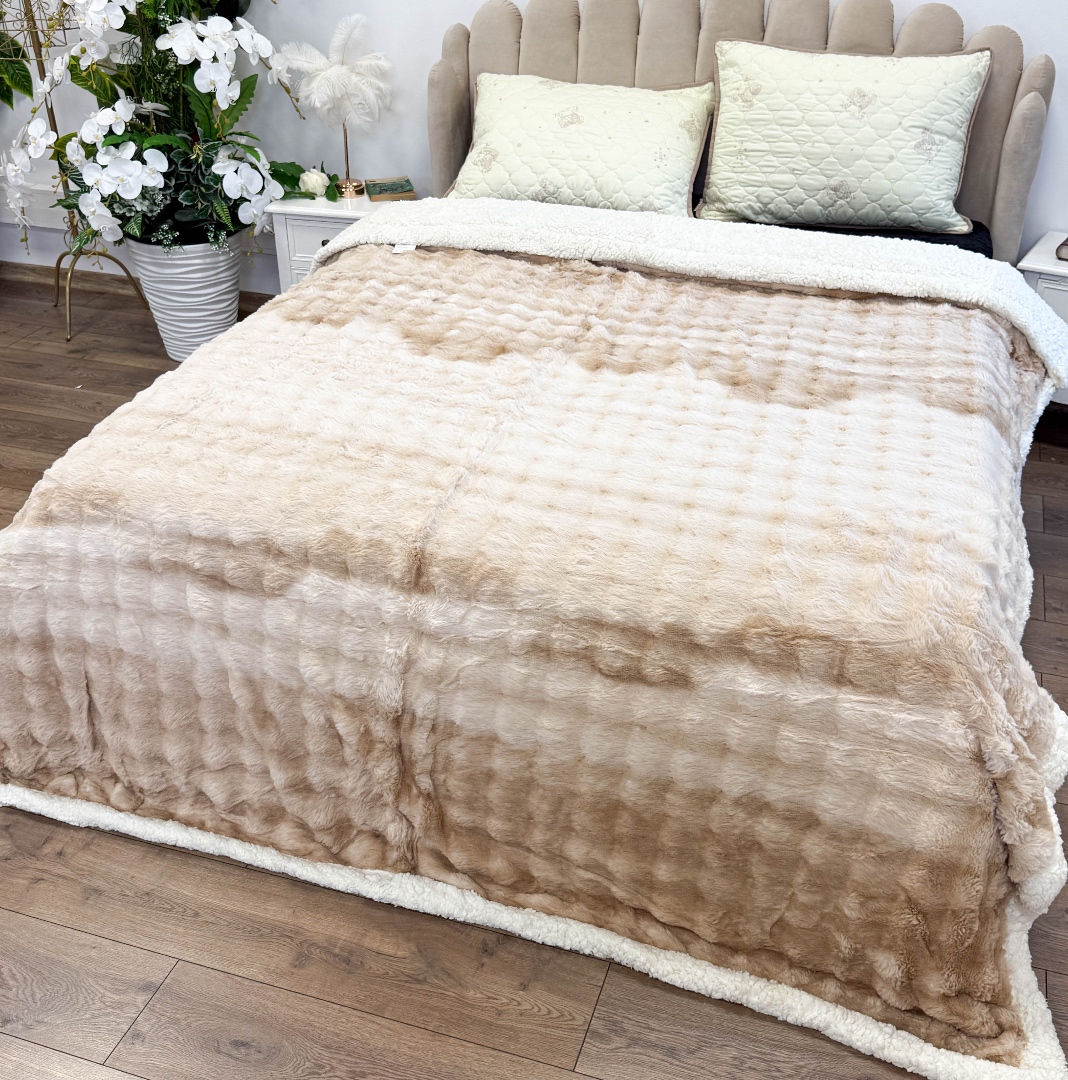 Patura Cocolino cu Blanita Sherpa 200x230cm, model cu Blanita Wave, Alb, Bej - 1 | YEO