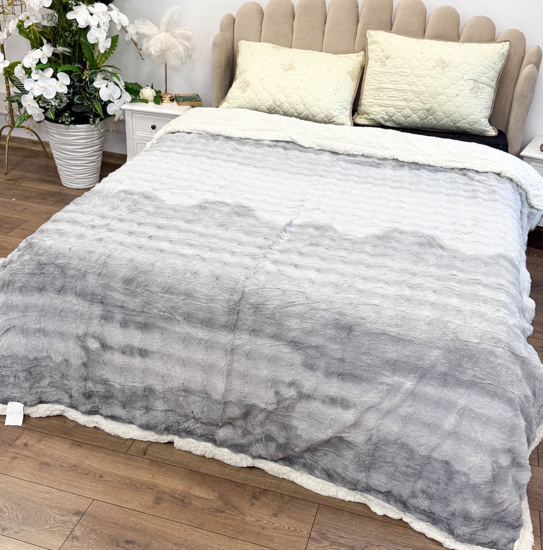 Patura Cocolino cu Blanita Sherpa 200x230cm, model cu Blanita Wave, Alb, Gri - 1 | YEO