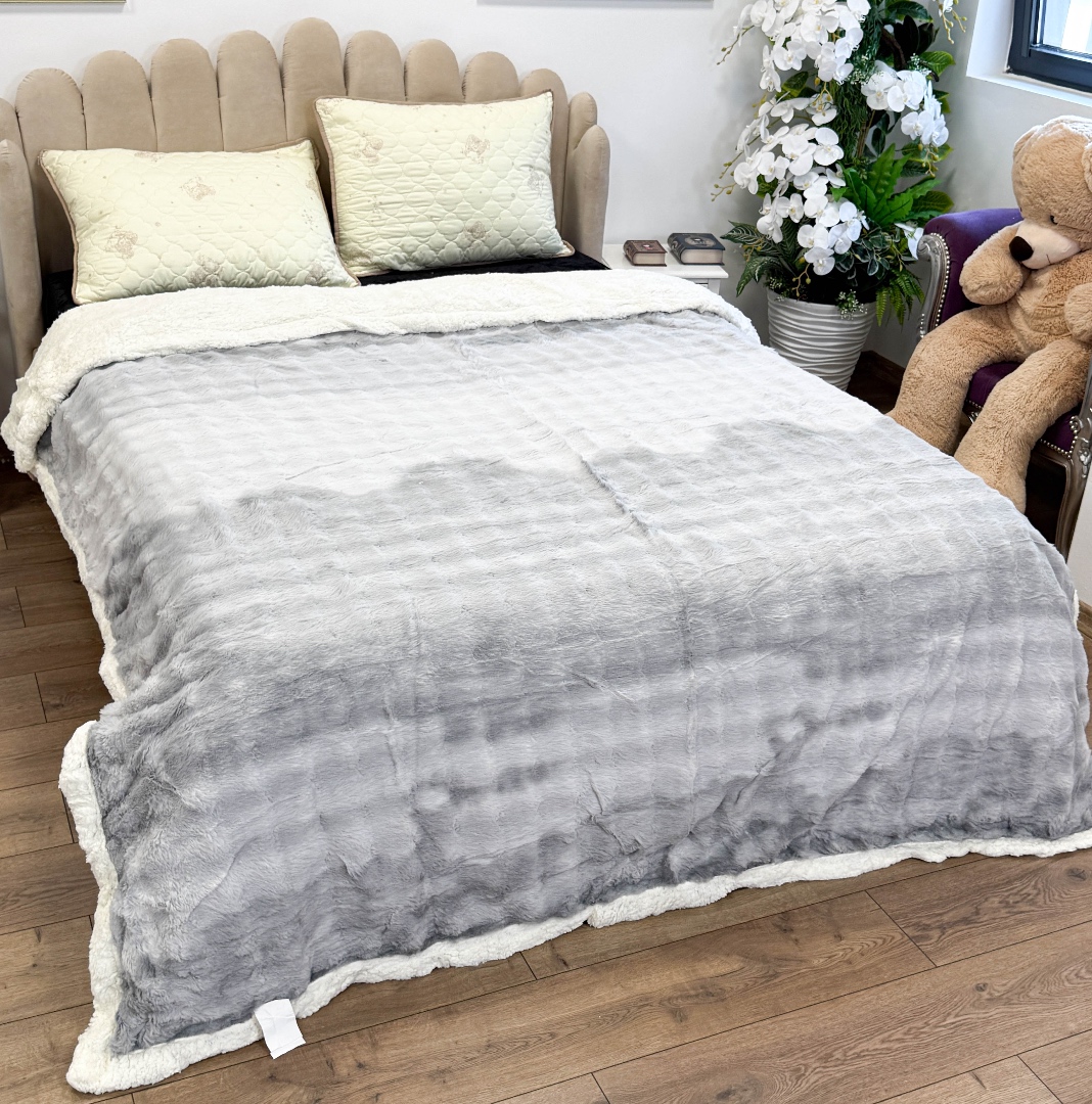 Patura Cocolino cu Blanita Sherpa 200x230cm, model cu Blanita Wave, Alb, Gri - 2 | YEO