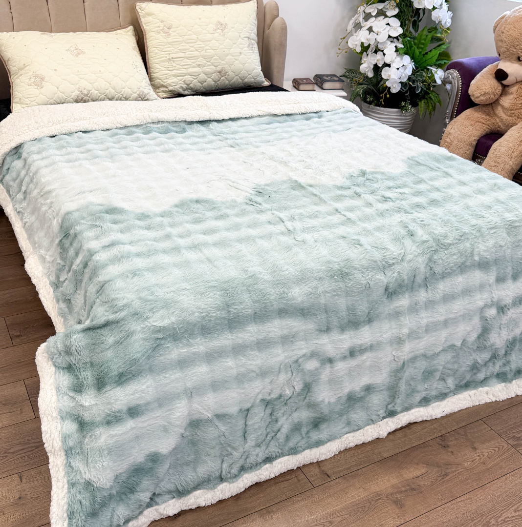Patura Cocolino cu Blanita Sherpa 200x230cm, model cu Blanita Wave, Alb, Menta - 2 | YEO