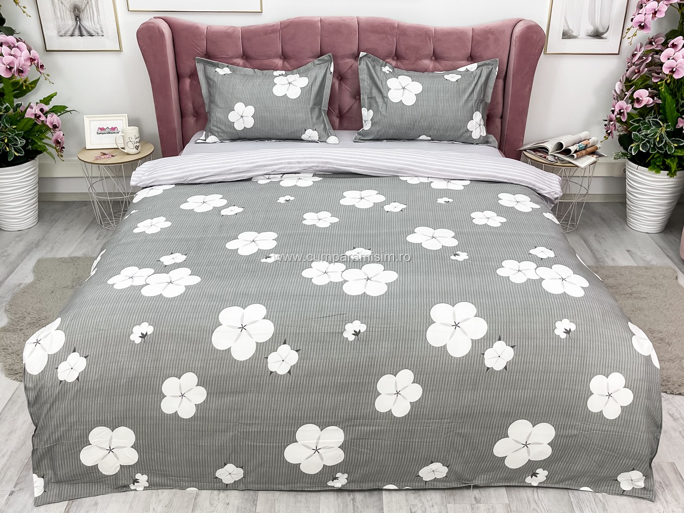(OFERTA 3 la 199 Lei) Lenjerie pat dublu cu doua feţe, bumbac satinat, 4 piese,  Gri, flori - 1 | YEO