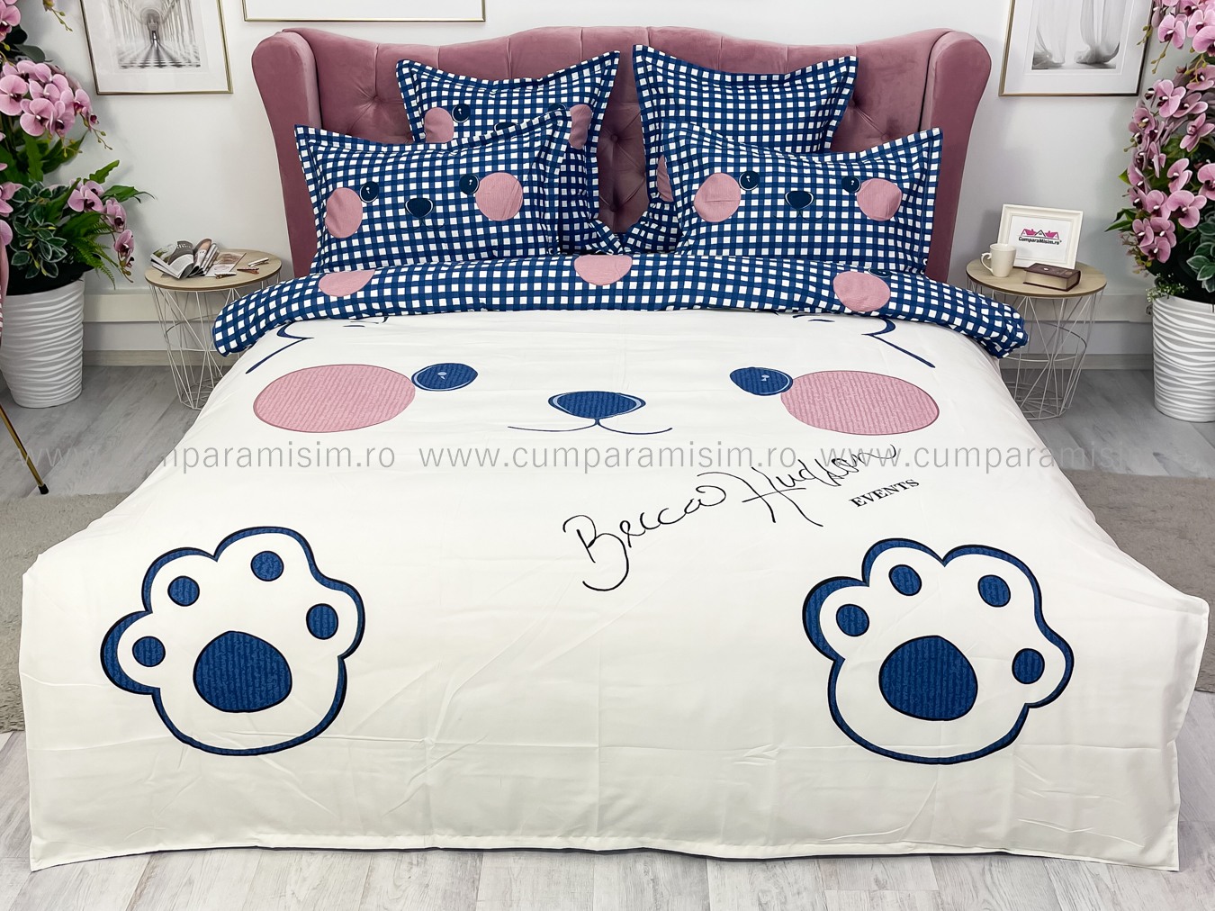 Lenjerie pat dublu,  FINET, Imprimeu Digital - Identic cu poza, 6 piese, Jojo Home, Crem-Bleu, ursulet - 1 | YEO